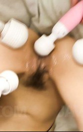 Sexy and hairy Asian babe and her throbbing vibrators